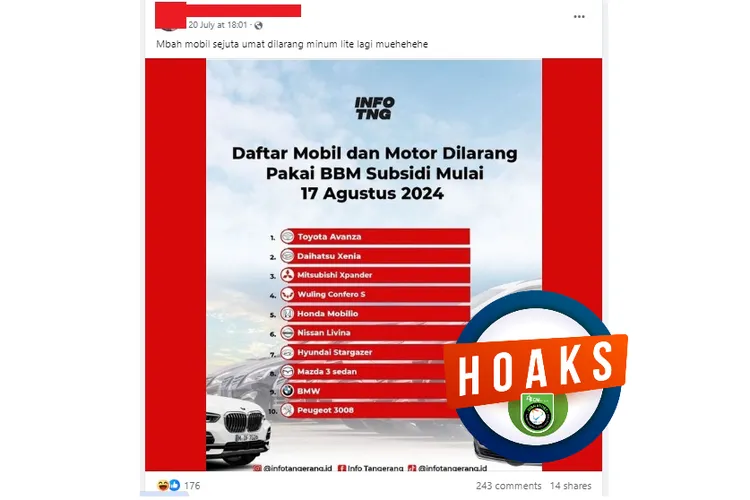 Hoaks Daftar Merek Mobil Dilarang Pakai Bbm Bersubsidi